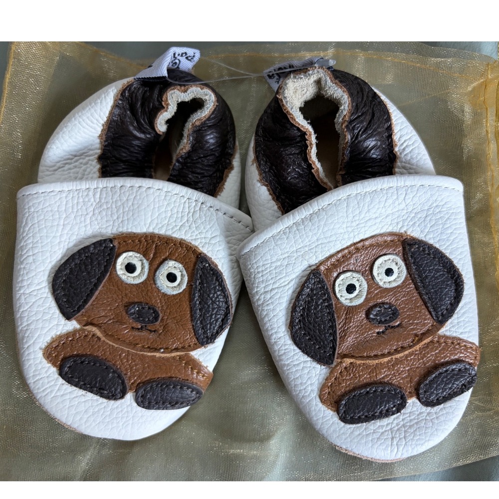 PanKola Baby Soft Sole Leather Booties Puppy Dog White Brown 6-12M‎
